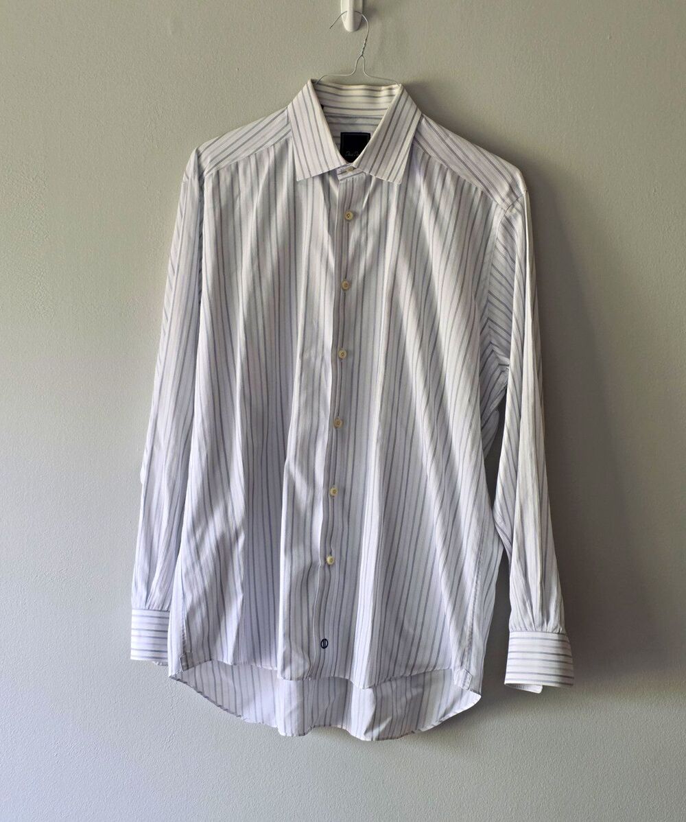 David Donahue White/Blue Striped Cotton Dress Shirt - Men’s 16.5/34-35